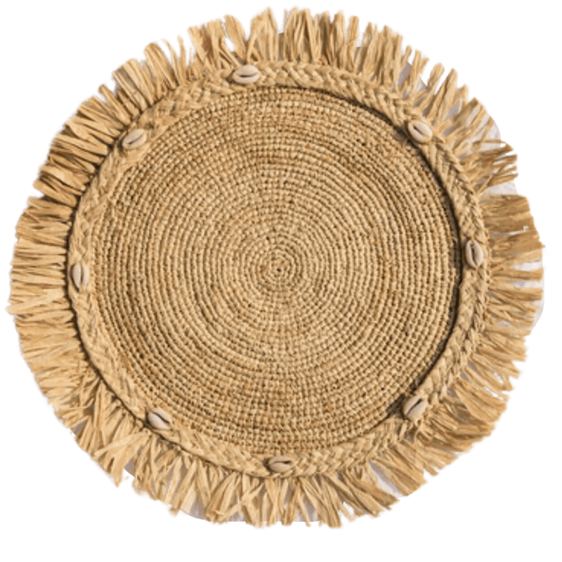 Round natural raffia tabletop with fringes, Woven raffia Placemat – Payton  James