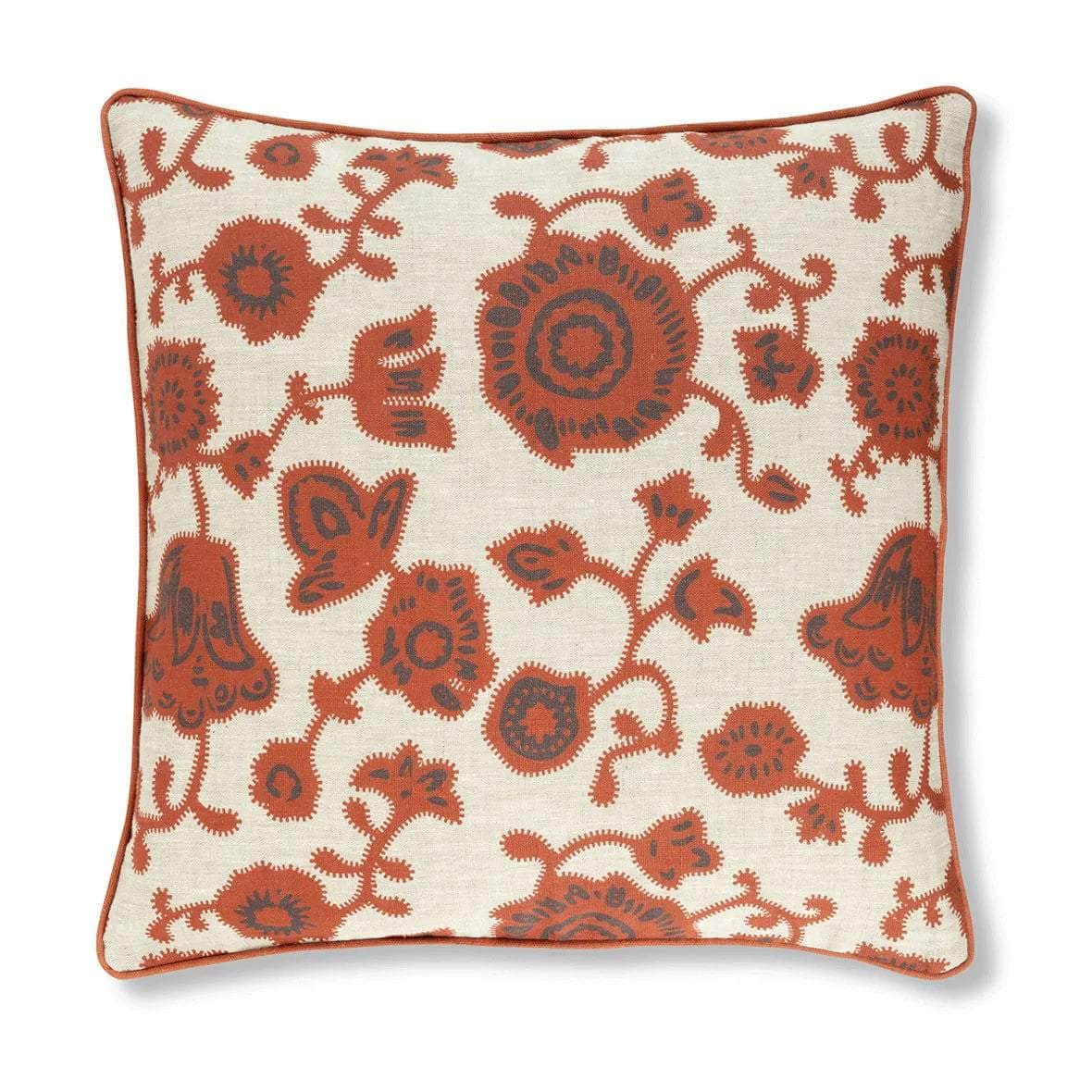 Persian Poppy Print Cushion in Red with Terracotta Natural Narrow Stripe and Terracotta Trim Maison Flaneur