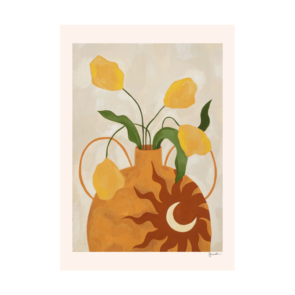 Yellow Flowers In Sun & Moon Vase Print