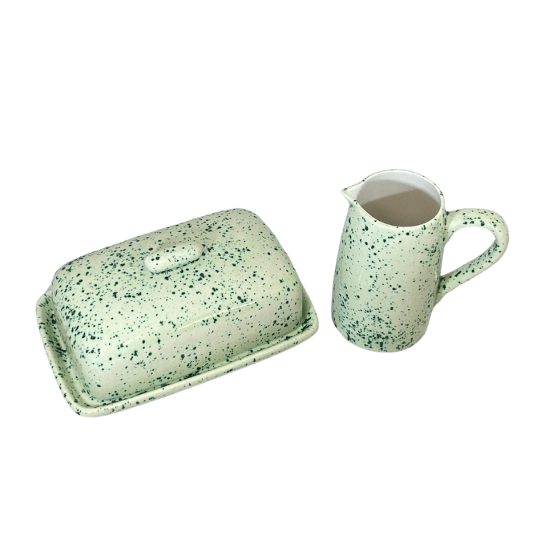 Butter Dish and Milk Jug Set Speckled Green Glaze