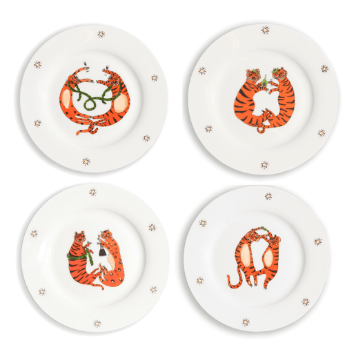 Festive Big Cat Dessert Plate Set - Set of 4