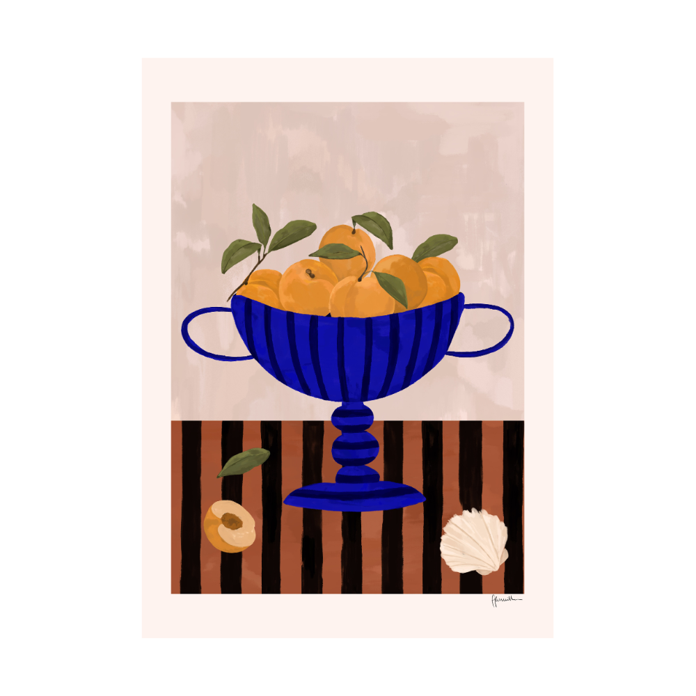 Peaches In Blue Striped Bowl Print