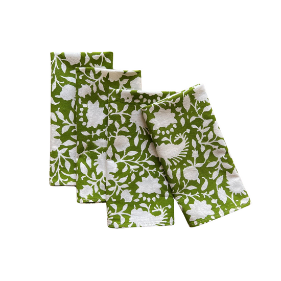 Block Printed Napkins Set of 4, Secret Garden in Green