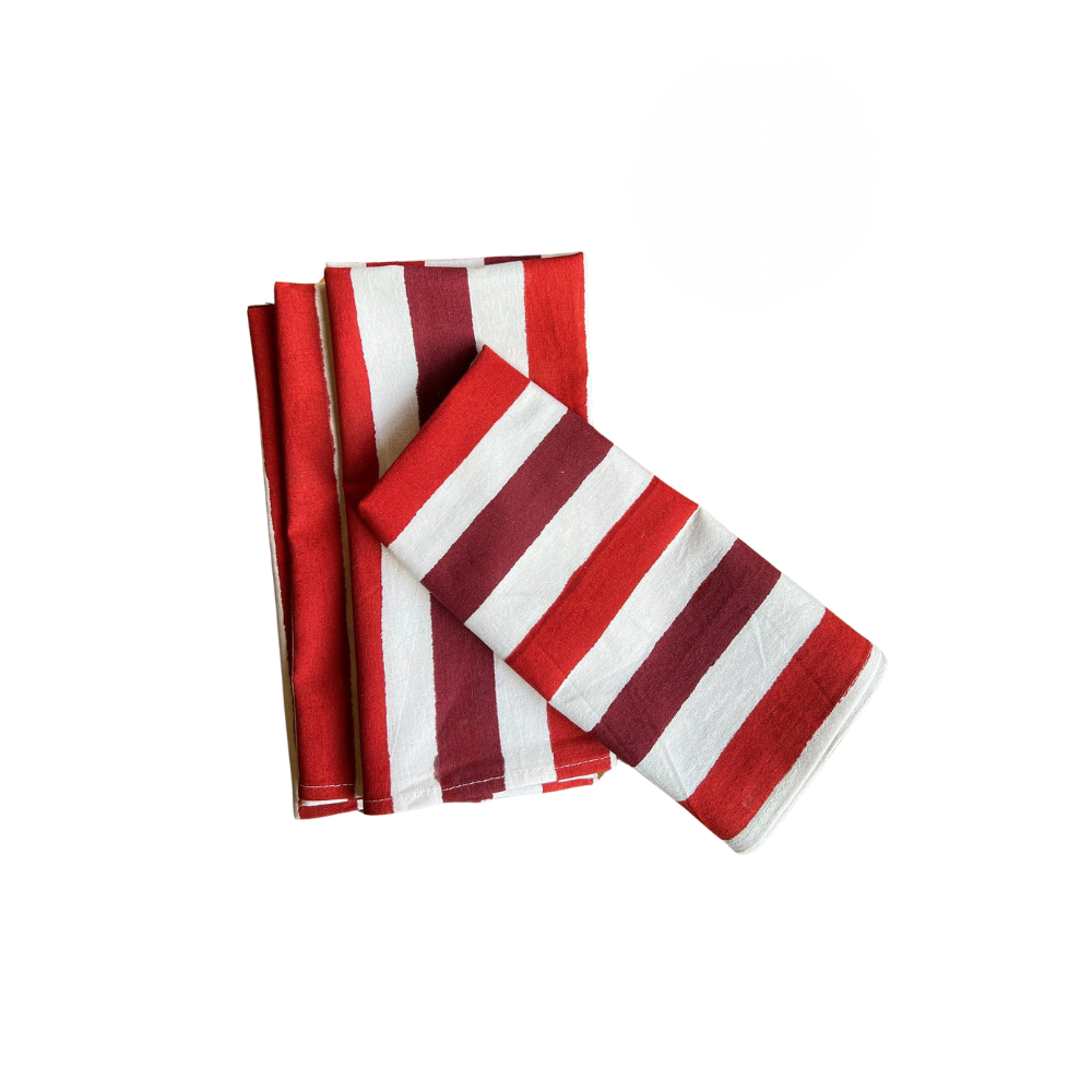 Block Printed Napkins Set of 4, Red Stripes