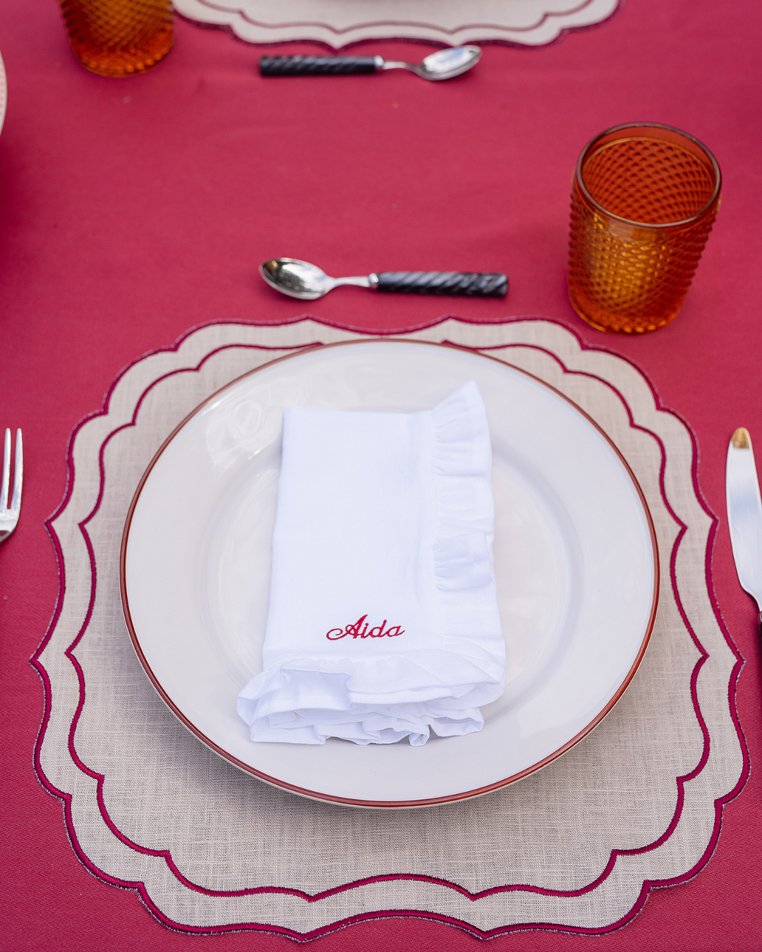 Personalised White Ruffle Linen Napkin