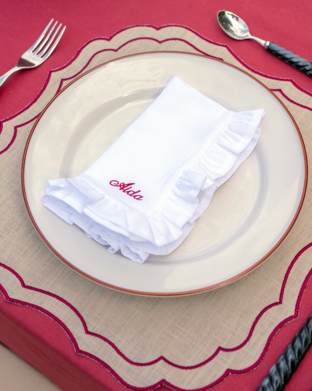 Personalised White Ruffle Linen Napkin