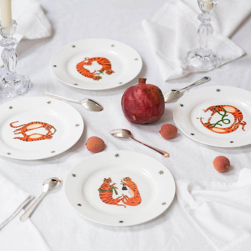 Festive Big Cat Dessert Plate Set - Set of 4