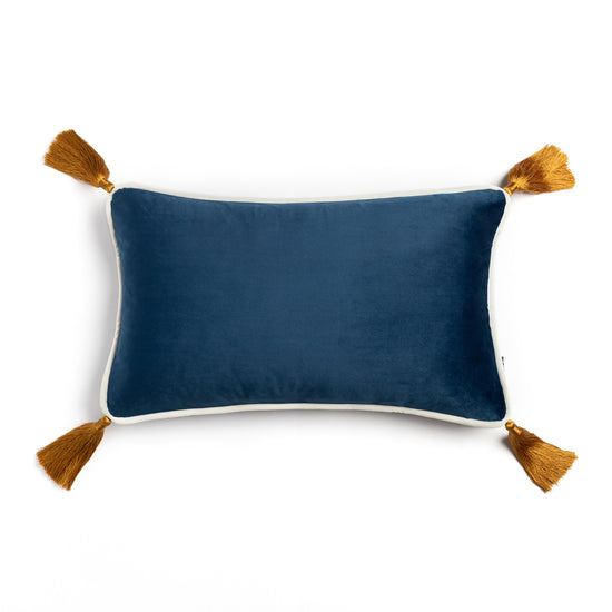 Navy Blue Velvet Rectangular Cushion with Ochre Tassels