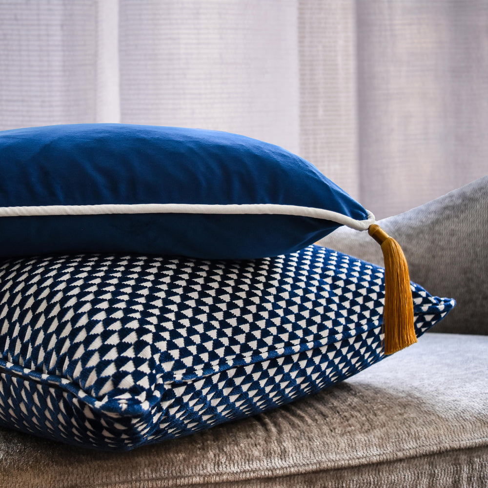 Navy Blue Velvet Rectangular Cushion with Ochre Tassels