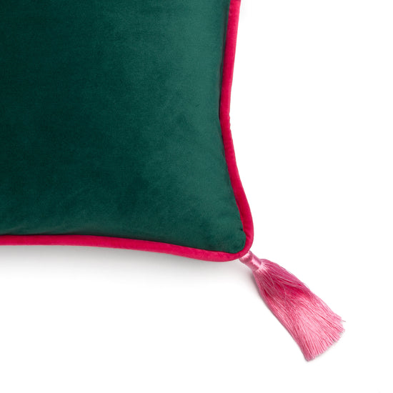 Green Velvet Rectangular Cushion with Pink Tassels