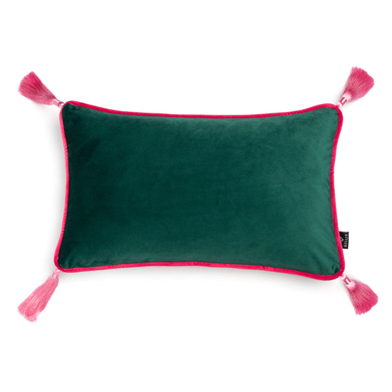 Green Velvet Rectangular Cushion with Pink Tassels