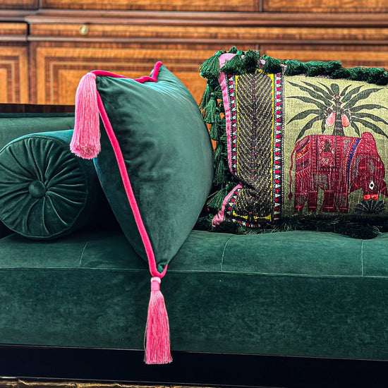 Green Velvet Rectangular Cushion with Pink Tassels