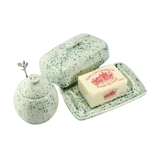 Butter Dish and Sugar Bowl set Speckled Green