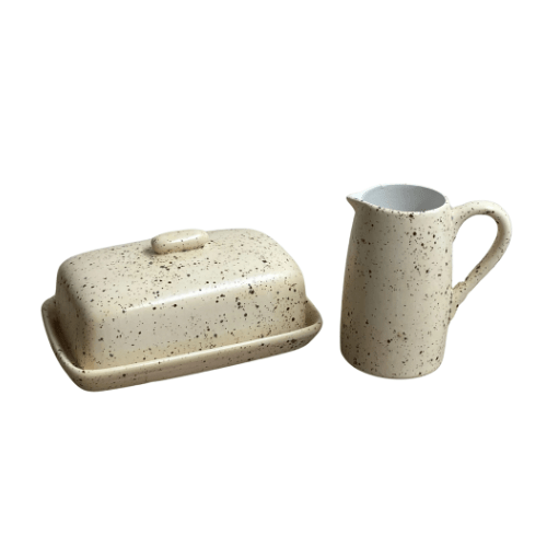 Butter Dish and Milk Jug set in Speckled Honey Glaze