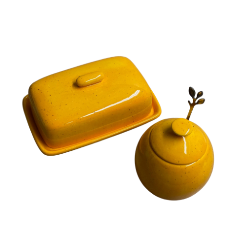 Butter Dish with Sugar Bowl Set - Yellow Speckle Glaze