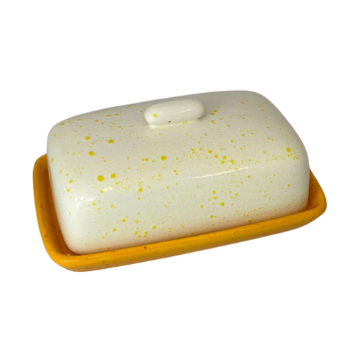 Butter Dish with White Lid Yellow Spots