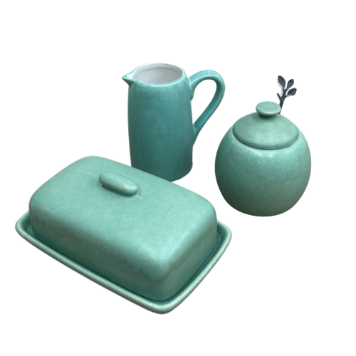 Butter Dish, Sugar Bowl and Cream Jug Set - Cornish Copper Glaze