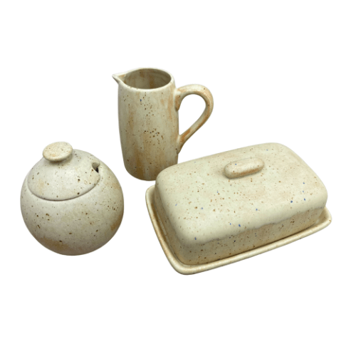 Butter Dish, Sugar Bowl and Milk Jug Set with Spoon Rest - Oatmeal Glaze