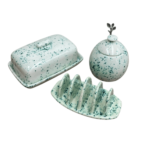 Butter Dish, Sugar Bowl and Toast Rack set Speckled Green