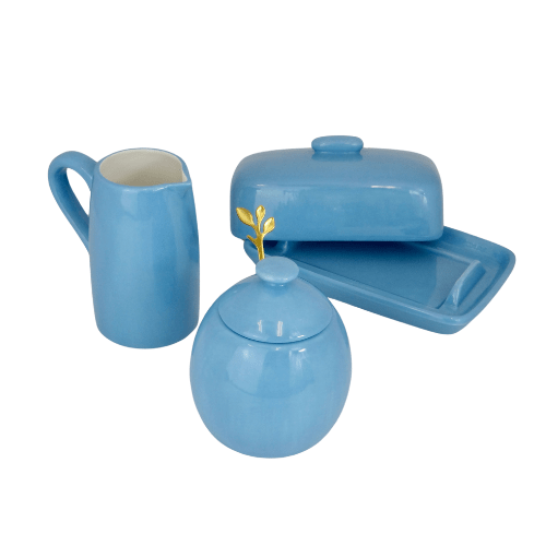 Butter Dish, Sugar Bowl, Milk Jug Set Sky Blue Glaze