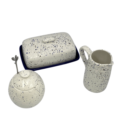 Butter Dish, Sugar Bowl, Milk Jug Set Speckled Blue Glaze