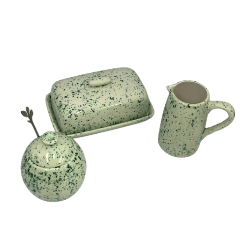 Butter Dish, Sugar Bowl, Milk Jug Set Speckled Green Glaze