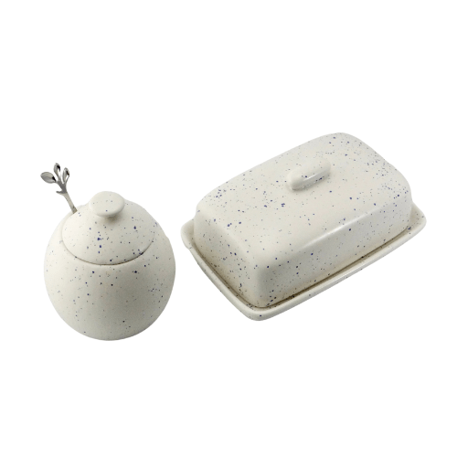 Butter Dish and Sugar Bowl Set - Light Blue Speckled Glaze