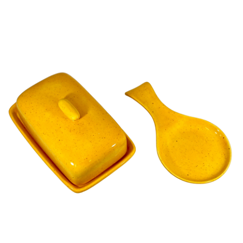 Speckled Yellow Butter Dish and Spoon Rest Set