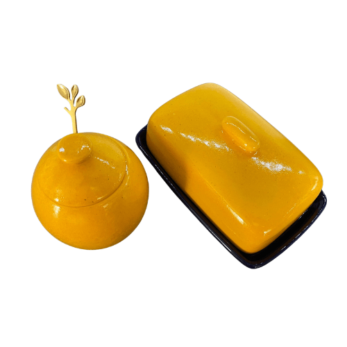 Butter Dish and Sugar Bowl Set - Yellow Speckle Glaze