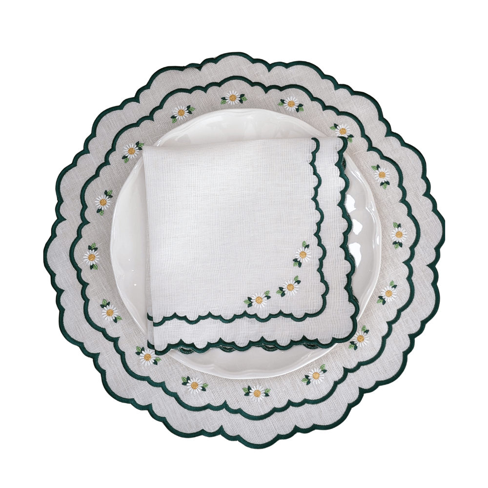 Camomille - White Linen Floral Embroidery Placemat and Napkin Set