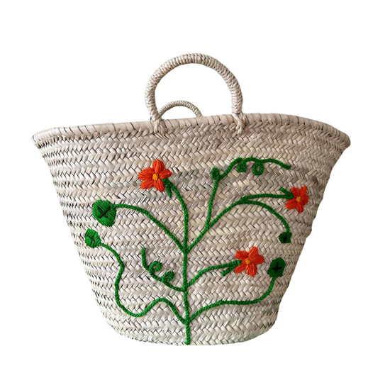 Hand Embroidered Market Basket, Nasturtium