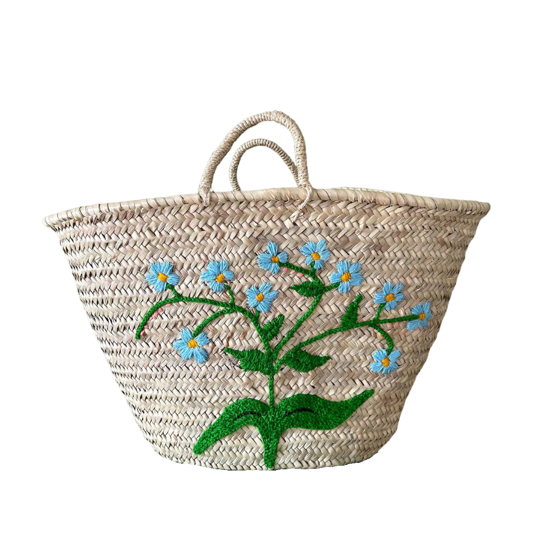 Hand Embroidered Market Basket, Forget-Me-Not