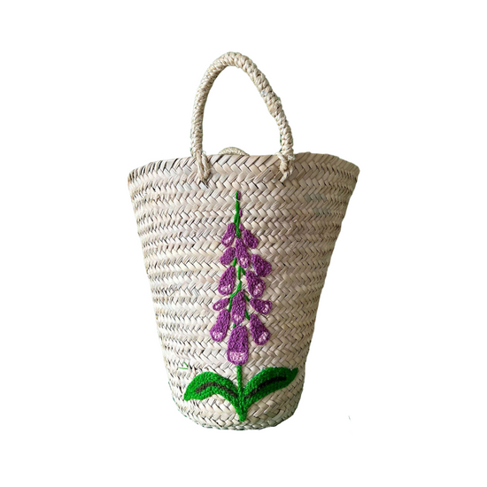 Hand Embroidered Bucket Basket, Foxglove