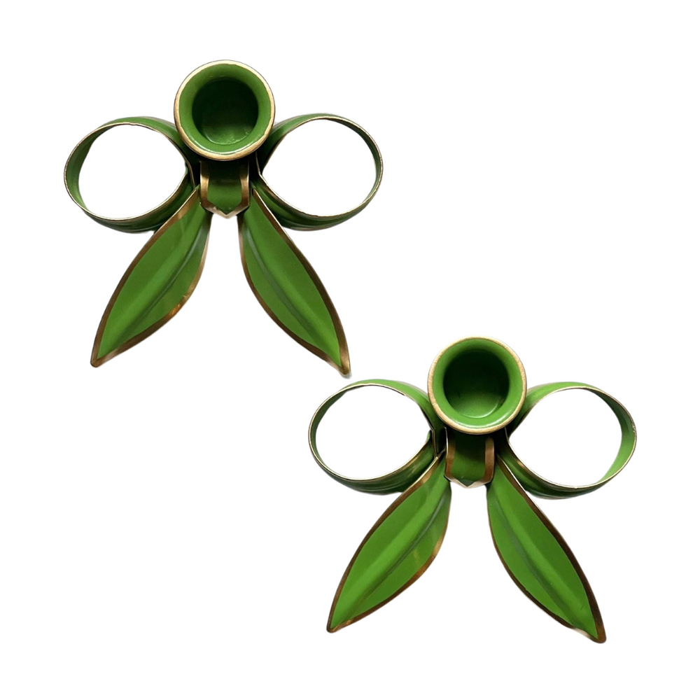 A Pair of Bow Candleholders - Apple Green