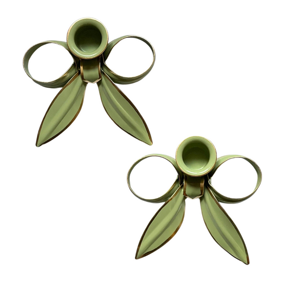 A Pair of Bow Candleholders - Sage Green