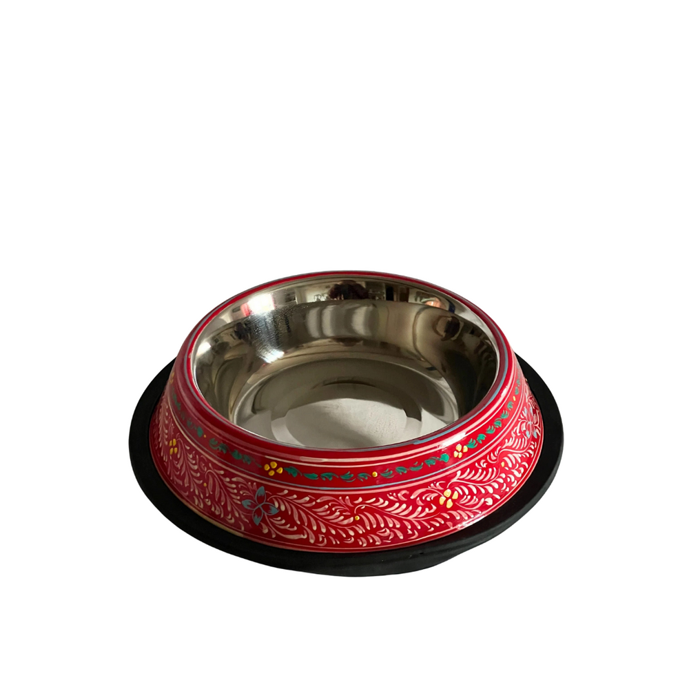 Hand Painted Dog Bowl Small - Canal Boat Red