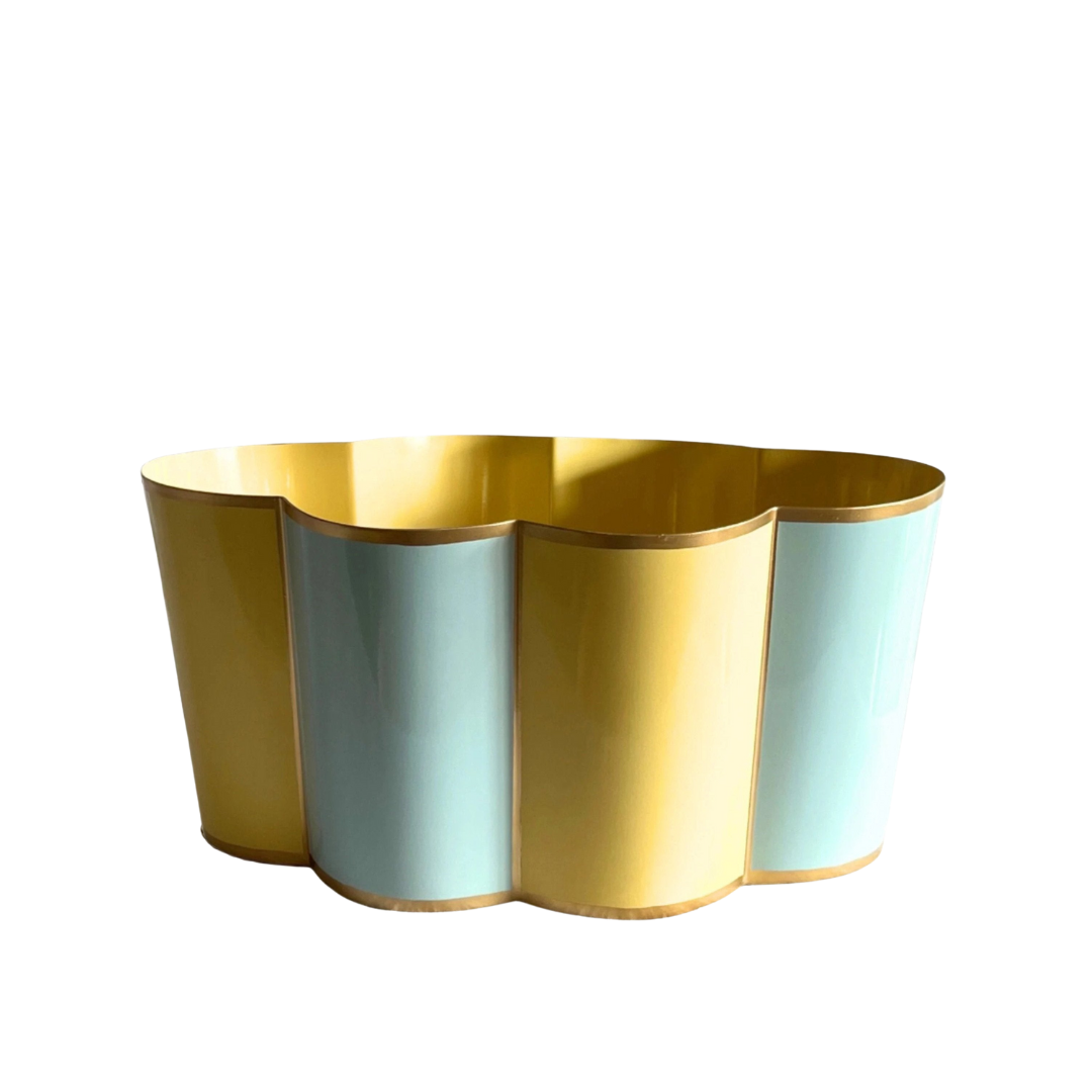 Rounded Scalloped Planter Large - Soft Yellow and Powder Blue - Striped