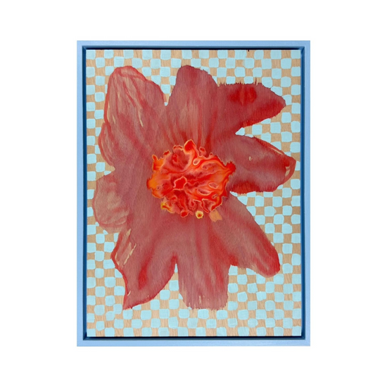 Red Bloom on Wood Checkerboard - Original Painting