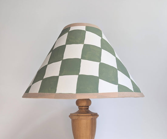 A Pair of Green & Cream Checkerboard Hand Painted Lampshades