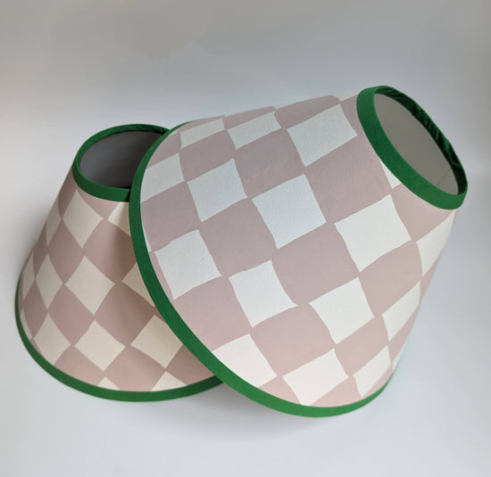 A Pair of Plaster Pink & Emerald Checkerboard Hand Painted Lampshades