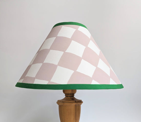 A Pair of Plaster Pink & Emerald Checkerboard Hand Painted Lampshades