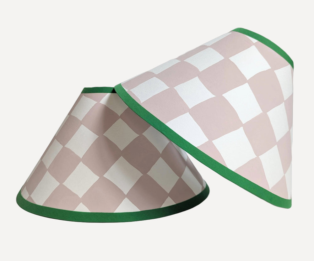 A Pair of Plaster Pink & Emerald Checkerboard Hand Painted Lampshades