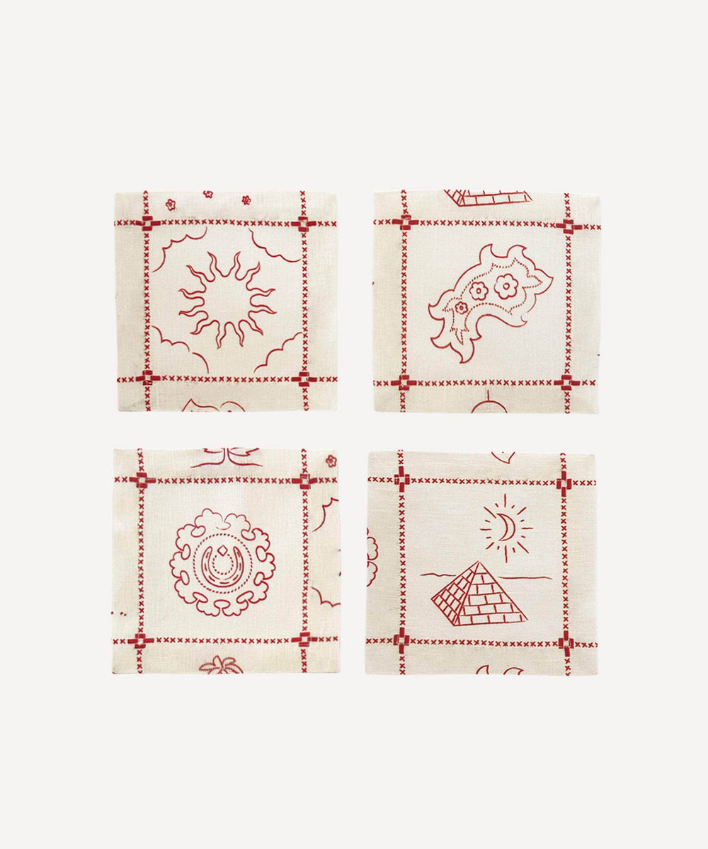 Re-Work Cocktail Napkins in Red Border Print- Set of Four