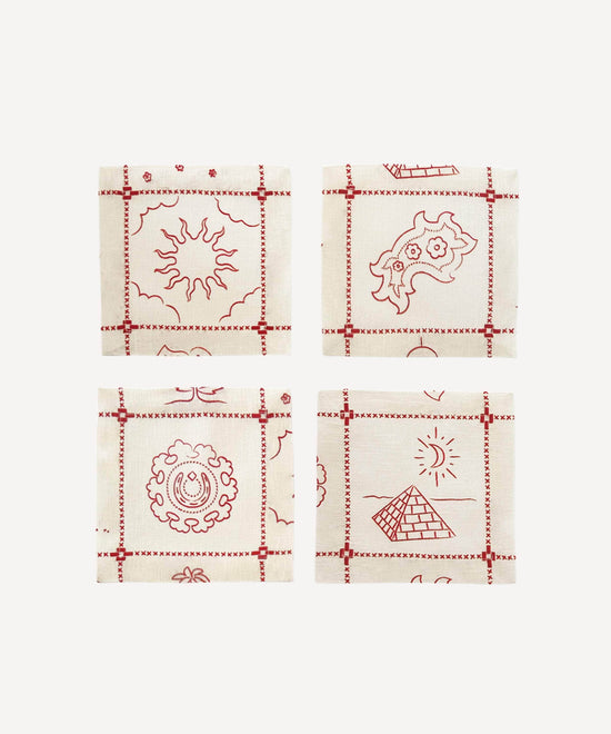 Re-Work Cocktail Napkins in Red Border Print- Set of Four