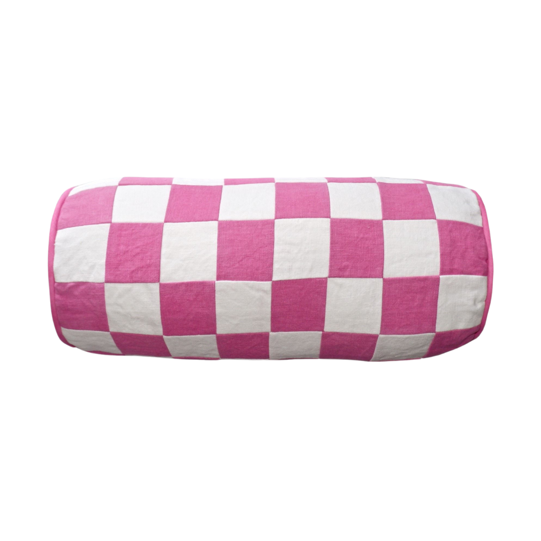 Chequered Bolster Cushion in Pink