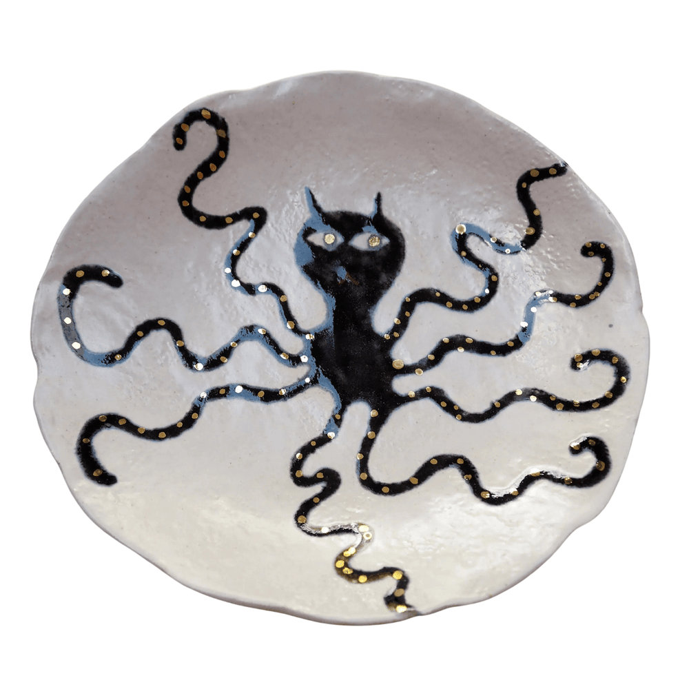 Handmade Octopus Illustrated Small Ceramic Plate With Gold Lustre