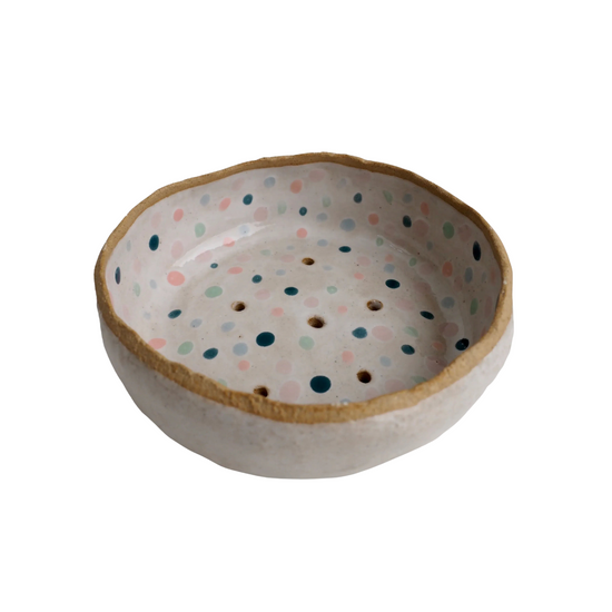 Handmade Polka Dot Gloss Oatmeal Pottery Soap Dish