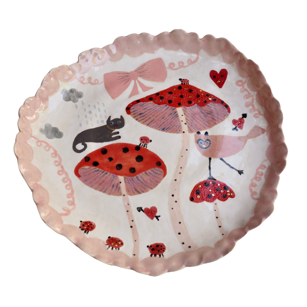 Handmade Illustrated Plate With Toadstools, Cat, Hearts, and Bows.