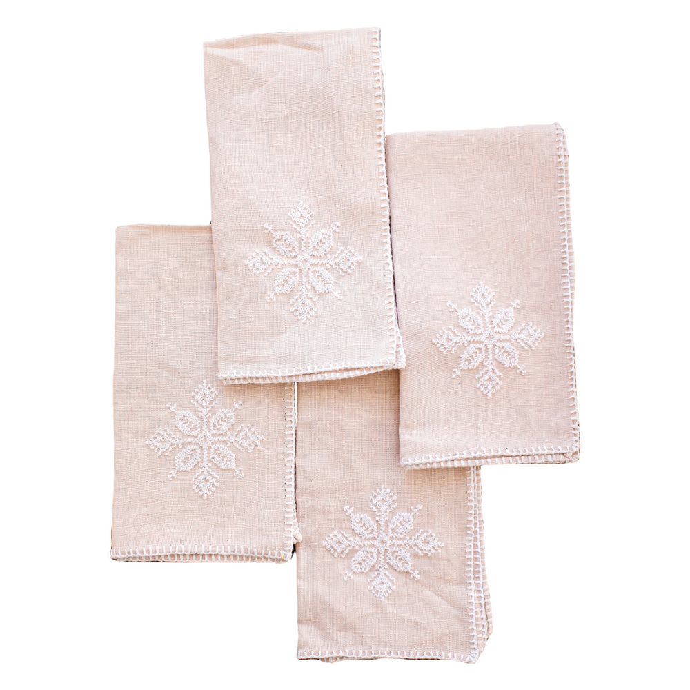 Hand Embroidered Linen Napkins - Light Pink-Sand - Set of 4