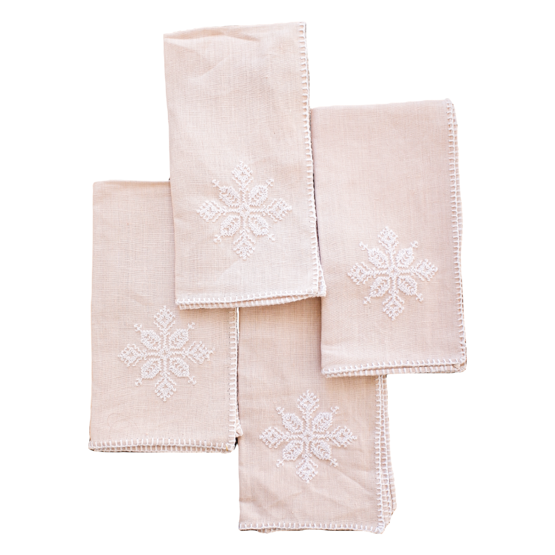 Hand Embroidered Linen Napkins - Light Pink-Sand - Set of 4